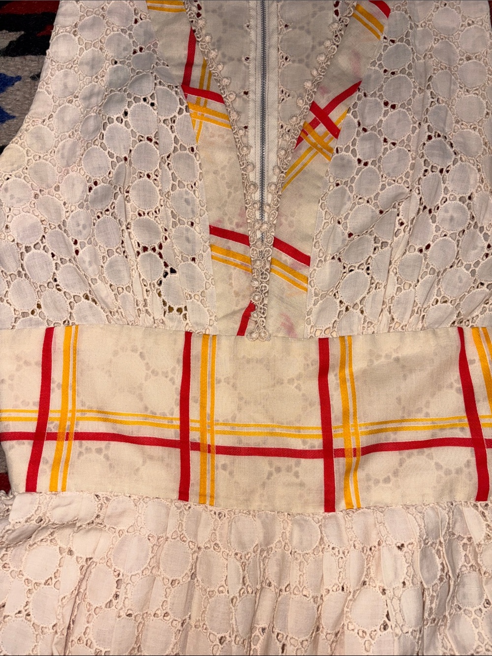 VINTAGE OOAK Cream Lace Maxi Dress with Yellow & Red Plaid Trim - Picture 7 of 11